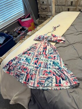 White Halter Sundress with Pink & Teal Nautical Print